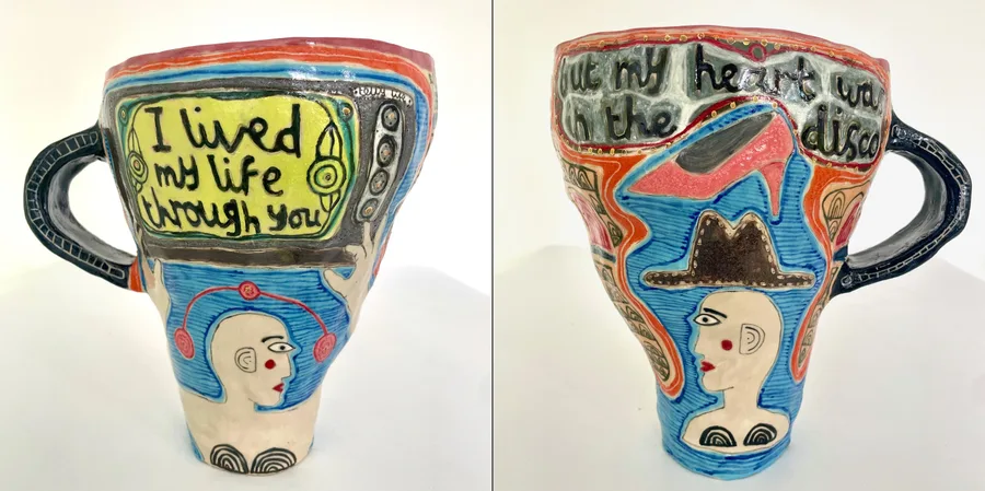 Two views of The Cup of Television Life by Marice Cumber, 2025