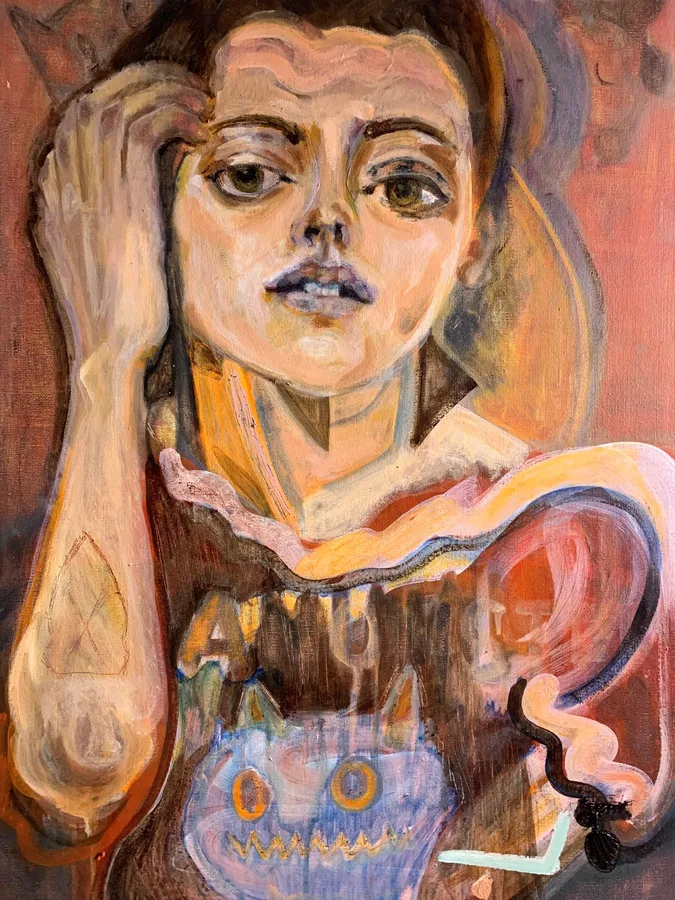 A painted portrait of a figure with one hand raised beside their face in Monster by Sarah Jane Hender